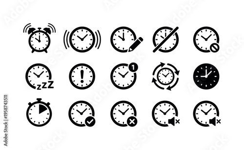 Collection of diverse clock and time management icons for various applications
