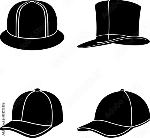 A collection of four distinct black silhouettes of different styles of headwear and fashion hats