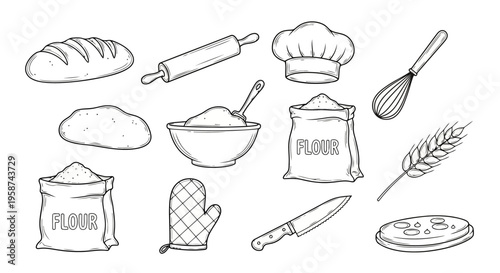 Hand drawn outline baking ingredients and kitchen tools vector set EPS10 Stock.eps