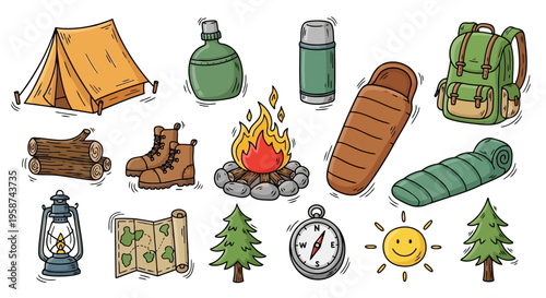Hand drawn Cartoon Camping Equipment and Outdoor Adventure Items Set EPS10 Stock.eps