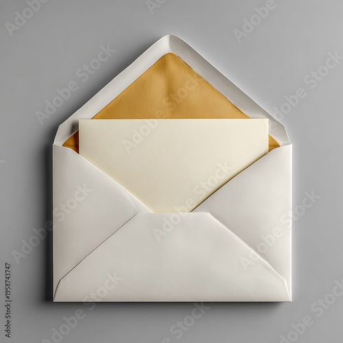 Elegant Open White Envelope with Gold Lining and Blank Invitation Card Mockup on Grey Background for Corporate Announcements, Wedding Stationery, and Minimalist Branding