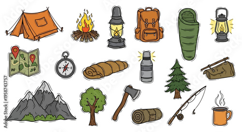 Hand Drawn Camping and Outdoor Adventure Gear Vector Illustration Set EPS10 Stock.eps