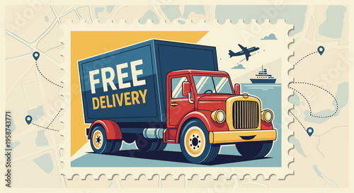 Free Delivery Truck Global Shipping Routes on Vintage Stamp Illustration EPS10 Stock.eps