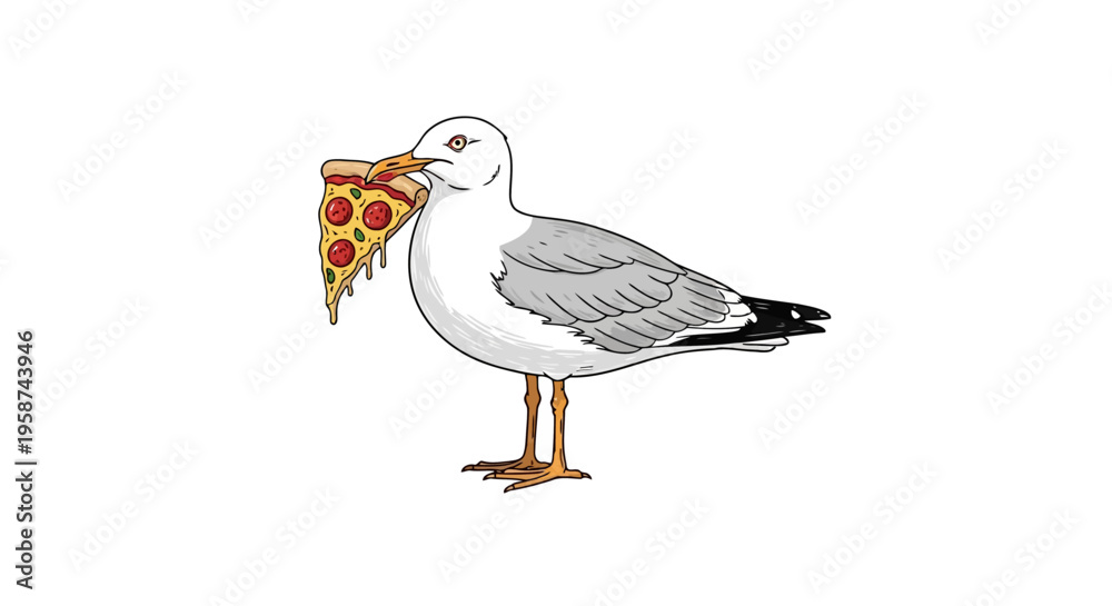 Fototapeta premium Cartoon Seagull Grabbing Pepperoni Pizza Slice Vector EPS10 Stock.eps