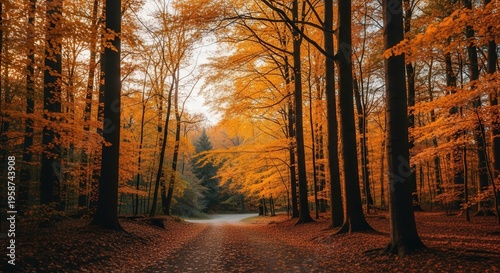 Serene Autumn Forest Path with Vibrant Fall Foliage and Tall Trees