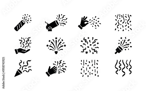 Collection of festive confetti and party popper icons for celebrations