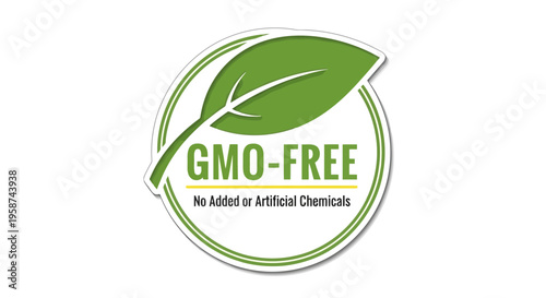 Clean vector GMO Free label with green leaf no artificial chemicals EPS10 Stock.eps
