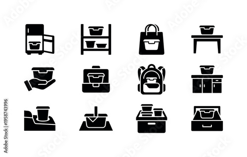 Collection of icons depicting food containers in various storage and transport scenarios