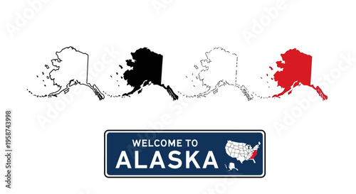 Alaska State Map Outlines and Welcome Sign Flat Vector Illustration EPS10 Stock.eps