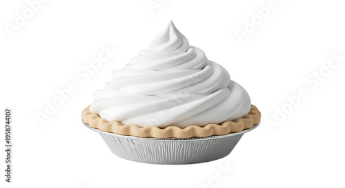 A whipped cream pie sits in a baking dish on a table indoors.