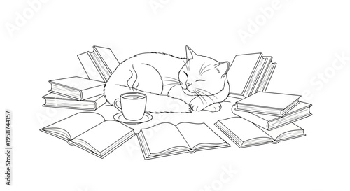 Cozy cat sleeping surrounded by books and coffee Simple line art vector EPS10 Stock.eps