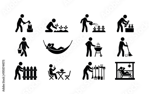 Diverse outdoor activities and chores depicted as simple stick figure icons