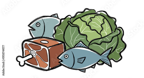 Cartoon style illustration meat fish and cabbage representing basic nutrition EPS10 Stock.eps