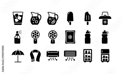 Summer cooling solutions icons: drinks, fans, AC, and cold treats