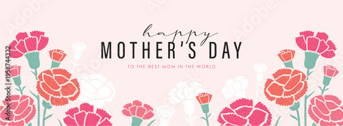 Mother's Day banner with blooming pink flowers, leaves and elegant typography on a pastel background. Floral greeting card design in modern flat decorative spring illustration style.