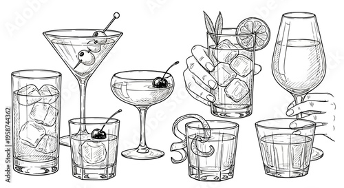 Monochrome line drawing collection of assorted cocktail glasses with beverages and garnishes EPS10 Stock.eps