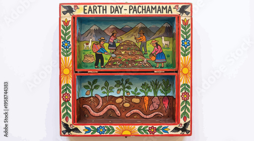 Peruvian retablo folk art for Earth Day Pachamama, traditional Andean diorama of farming and soil health, colorful cultural illustration of Mother Earth