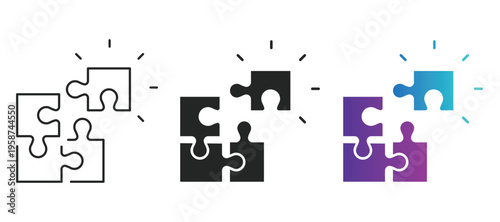 Puzzle solution concept icon set line flat and gradient styles problem solving, strategy, logic and connection concept. Modern minimal illustration with editable stroke