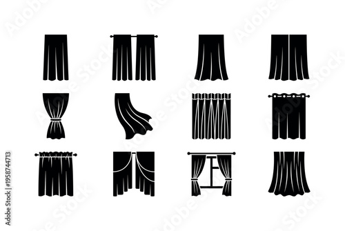 Collection of black curtain icons showcasing various styles and designs for home decor