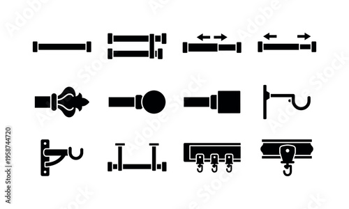 Collection of black silhouette icons representing various curtain rod hardware and accessories