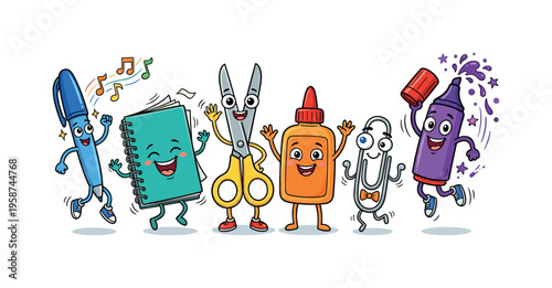 Cute anthropomorphic stationery mascots dancing and having fun together