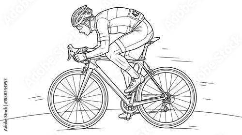 Energetic road cyclist riding a racing bicycle on an open-air track, outline style vector.