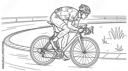 Focused road cyclist competing on an outdoor track, professional athlete in action.