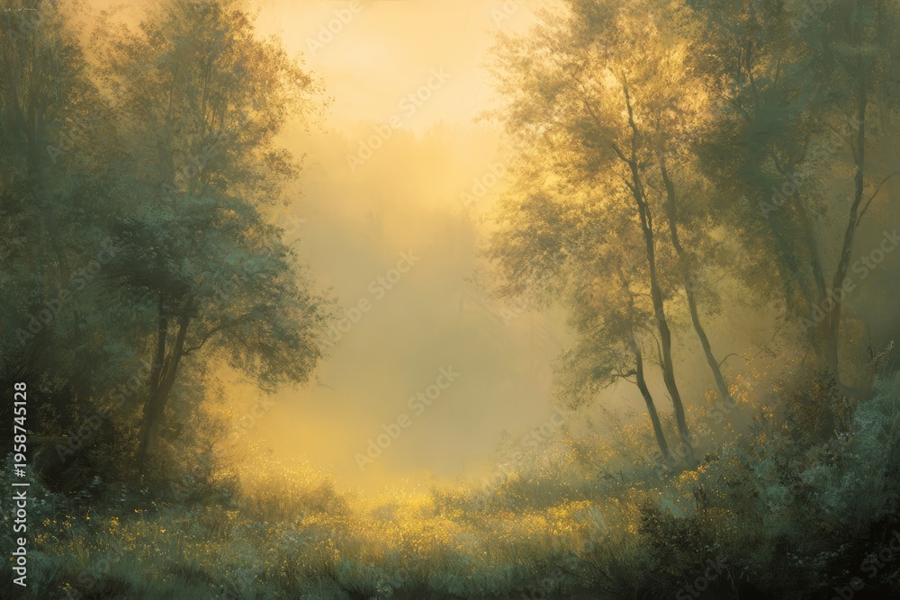 Fototapeta premium Misty golden forest landscape with sunlight filtering through tall trees and soft atmospheric haze