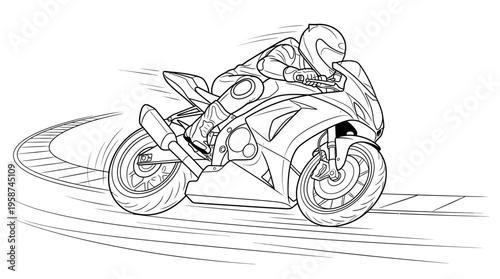 Line art drawing of a motorcycle racer leaning into a sharp turn on a track, showing speed and motion.