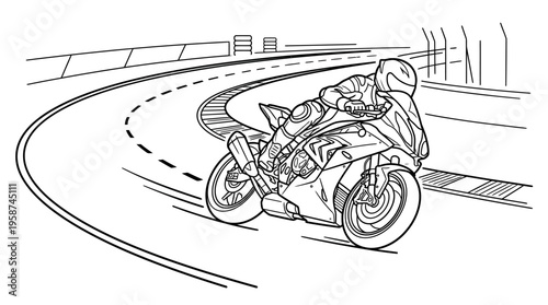 A detailed line drawing of a motorcyclist leaning into a sharp turn on a race track, depicting speed and motion.