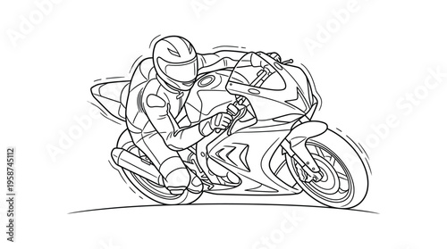 Line art illustration of a motorcycle racer leaning into a sharp turn on a sport bike, depicting speed and agility in motion.