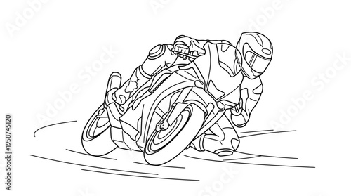 Line art drawing of a motorcyclist leaning into a sharp turn on a race track, depicting speed and agility in a dynamic pose.
