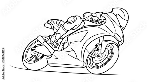Line art illustration of a motorcycle racer leaning into a sharp turn on a sport bike, depicting speed and dynamic motion.