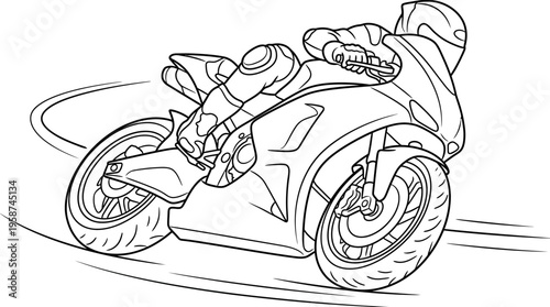 Line art drawing of a person riding a sport motorcycle, leaning into a sharp turn on a track, depicting speed and motion.