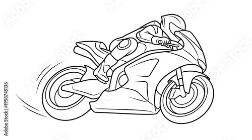 Line art drawing of a professional motorcycle racer on a sport bike, leaning into a turn with motion blur, depicting speed and agility.