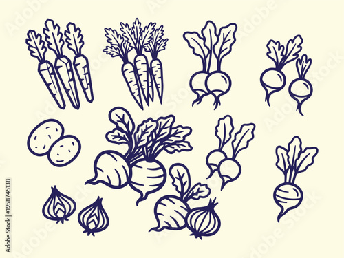 Hand Drawn Root Vegetable Outline Sketch Set Vector Illustration