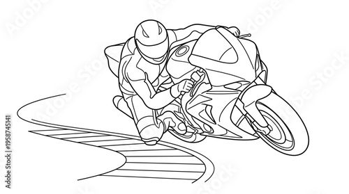 Line art drawing of a motorcycle racer leaning into a sharp turn on a track, depicting speed and agility in a dynamic pose.