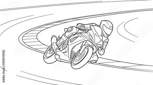 Dynamic line art illustration of a motorcycle racer leaning into a sharp turn on a race track, depicting speed and agility.