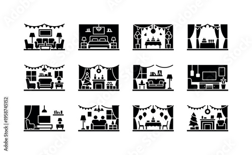 Collection of interior design icons depicting various decorated rooms and celebrations