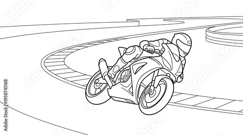 Line drawing of a motorcyclist leaning into a sharp turn on a race track, depicting speed and agility in a dynamic racing scene.