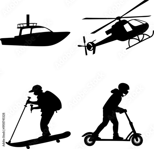 A collection of black silhouette icons representing various modes of transport and active lifestyle