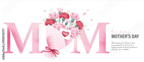 Mother’s Day typographic design with large pink MOM text, floral bouquet, lipstick kiss mark, and elegant message layout on a white background. Feminine vector card template in modern style.