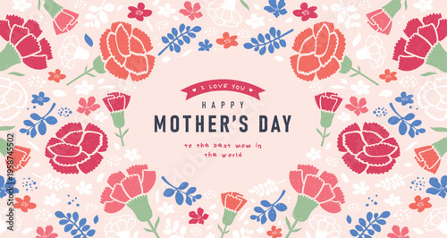 Mother’s Day floral frame design with pink roses, blue blossoms, and decorative leaves surrounding elegant typography on a pastel background. Vector greeting card template in modern flat style.