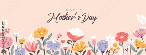 Happy Mother’s Day floral banner with pastel wildflowers, leaves, and elegant lettering on a soft beige background in flat vector style. Spring greeting header for card, poster, or cover design.