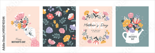 Mother’s Day card set with bouquet illustration, floral pattern, flower frame, and gift basket design in soft pastel flat style. Elegant spring greeting templates for seasonal celebration use.