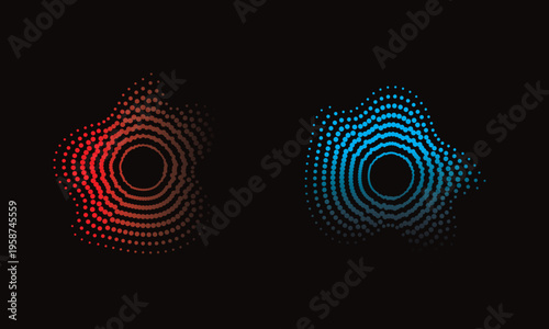 abstract radial halftone wave circles, red and blue dotted spiral rings on dark background, modern tech sound wave dot pattern