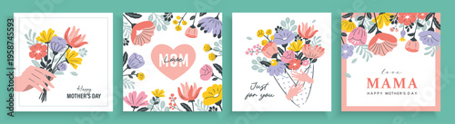 Mother’s Day greeting card collection with hand holding bouquet, floral frame, heart wreath, and pastel typography layouts in flat vector style. Spring celebration posters and covers.