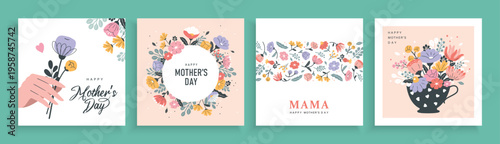 Mother's Day card collection with hand holding flowers, pastel bouquets, floral frames, and gift label designs in flat vector style. Cute spring greeting templates for celebration use.