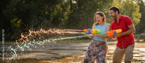 Wallpaper Mural Happy couple playing water guns during summer festival outdoor with festival, fun, water, splash, celebration, summer, watergun Torontodigital.ca