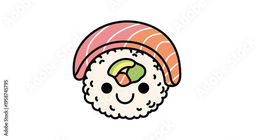 Smiling sushi roll with salmon topping.